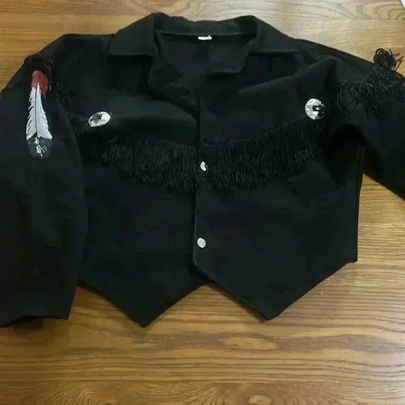 Fringe, cropped, hand painted feather sleeves, 100% cotton denim button coat Med - Picture 1 of 9